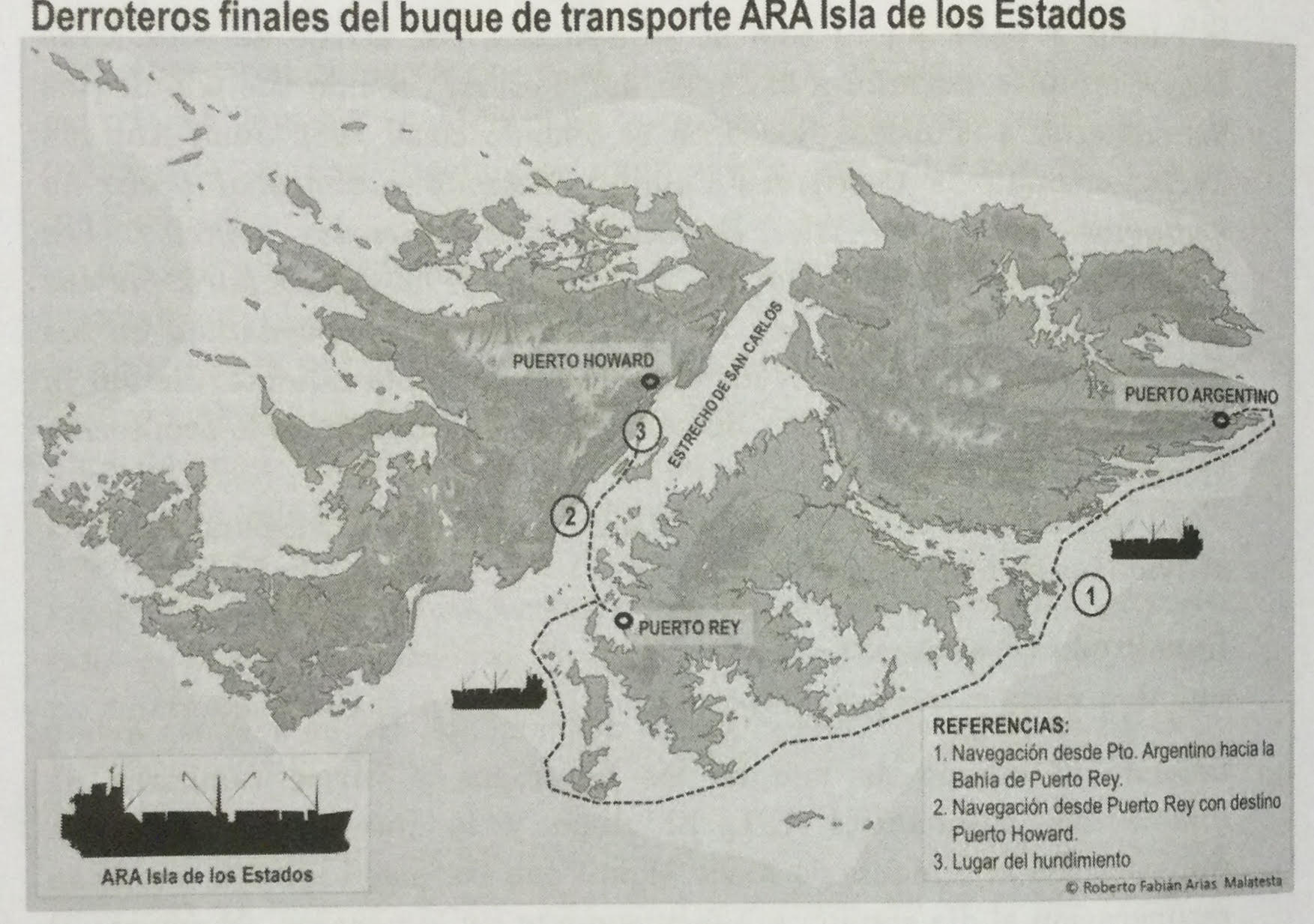 La guarnición argentina que estaba en la isla Gran Malvina, del otro lado del estrecho, necesitaba desesperadamente de víveres y de armamento de defensa. El Isla de los Estados había ido a su auxilio. Gráfico publicado en el libro Malvinas. Puerto Yapeyú 1982, de Roberto Fabián Arias Malatesta.