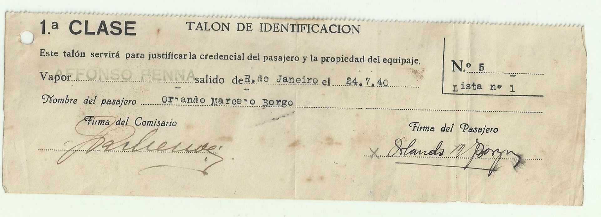 El talón del ticket de Orlando Borgo para regresar a Buenos Aires desde Río de Janeiro en el vapor Affonso Penna, segunda y última etapa de su viaje de regreso a la Argentina (Gentileza Marcela y Tomás Borgo)