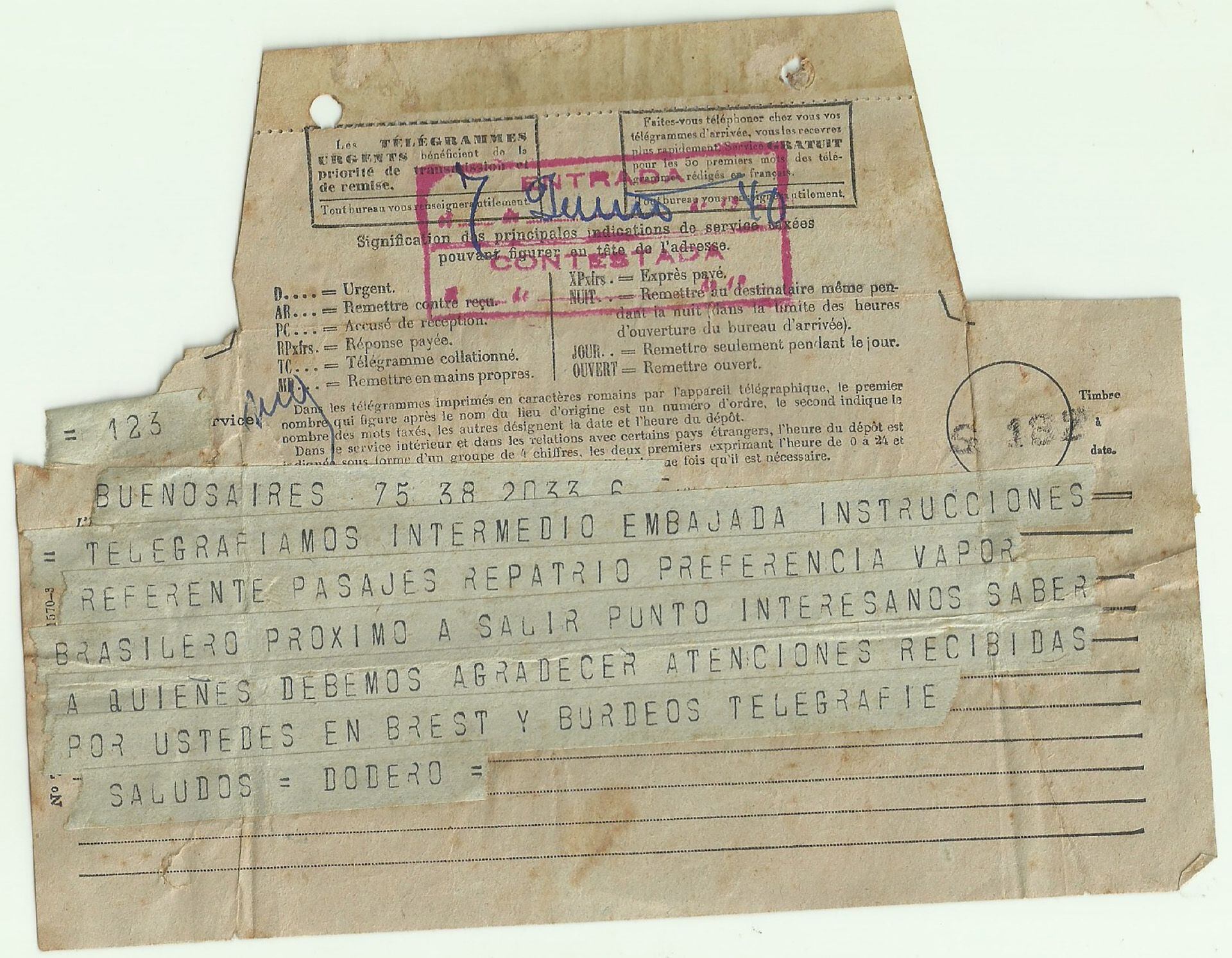 El telegrama que envió Eduardo Dodero para que a través de la Embajada Argentina los marinos pudieran ser repatriados desde Francia (Gentileza Marcela y Tomás Borgo)